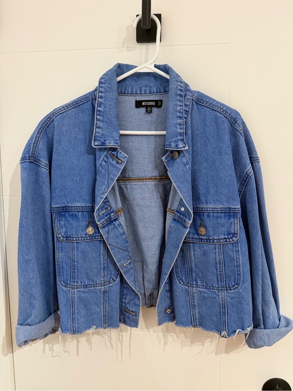 Missguided Light Blue Raw Hem Cropped Oversized Denim Jacket